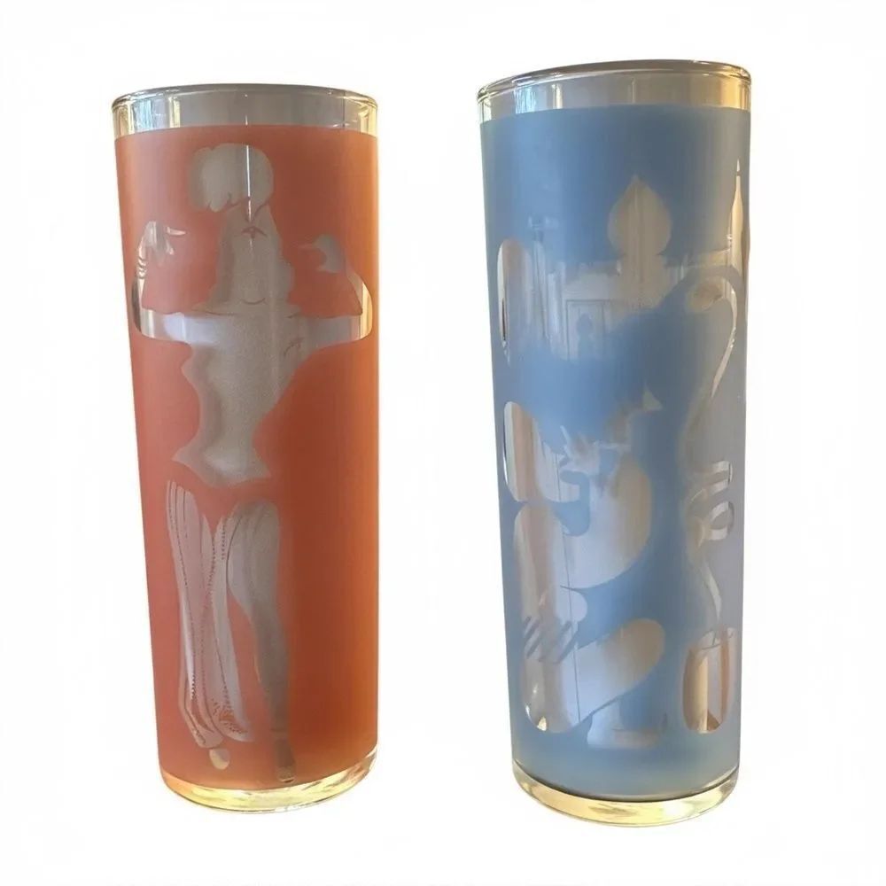 Pair of Vintage Dominion Glass Canada Arabian Tom Collin’s Glasses Pink Blue